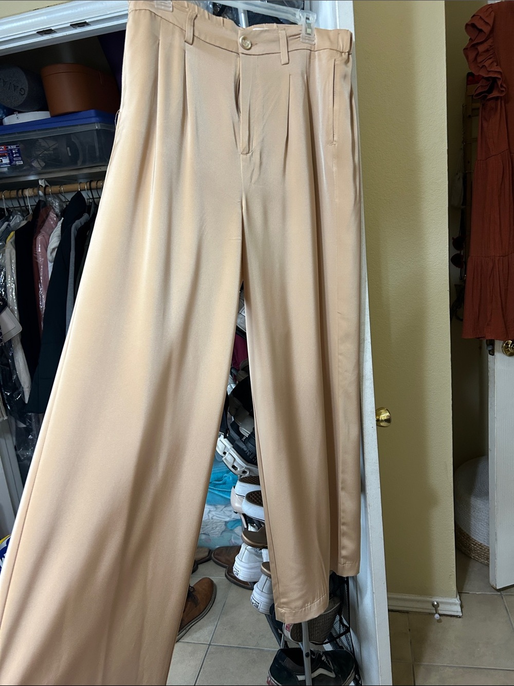 GBG Satin Los Angeles Beige Pleated Wide-Leg Men's Trousers